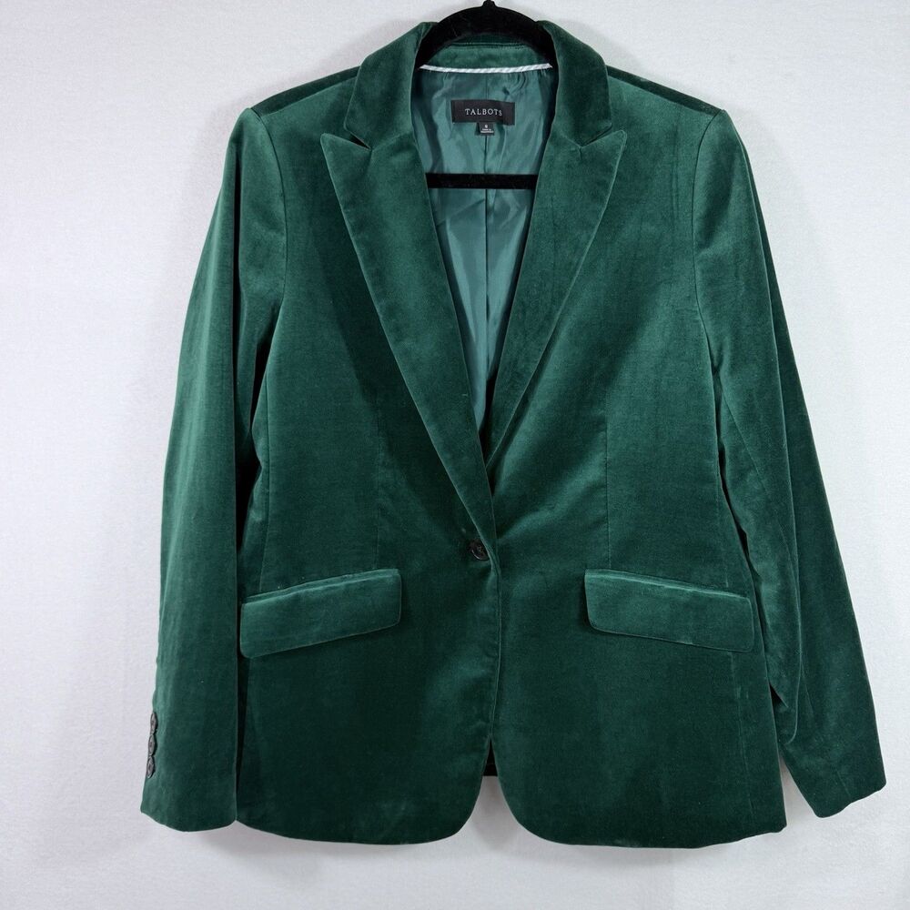 Talbots Green One Button Lined Velvet Blazer Suit Jacket Size 8 Career Holiday